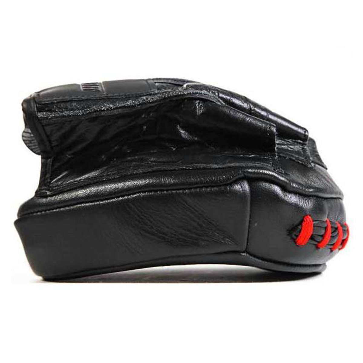 Black Compact Leather Focus Mitt with Red Side Lacing and Reinforced Hand Pocket
